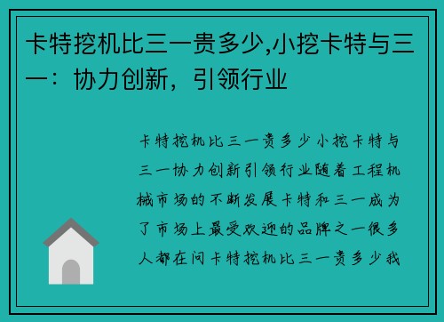 卡特挖机比三一贵多少,小挖卡特与三一：协力创新，引领行业